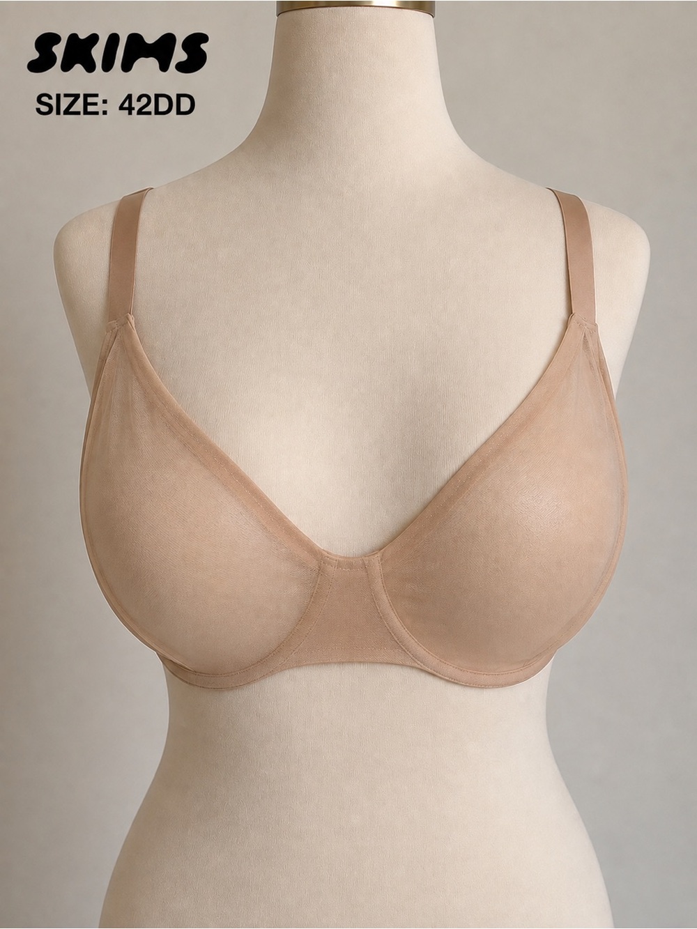 SKIMS 42DD Smoothing Intimates Unlined Sheer Bra EUC Nude Kim K Curvy Plus $65